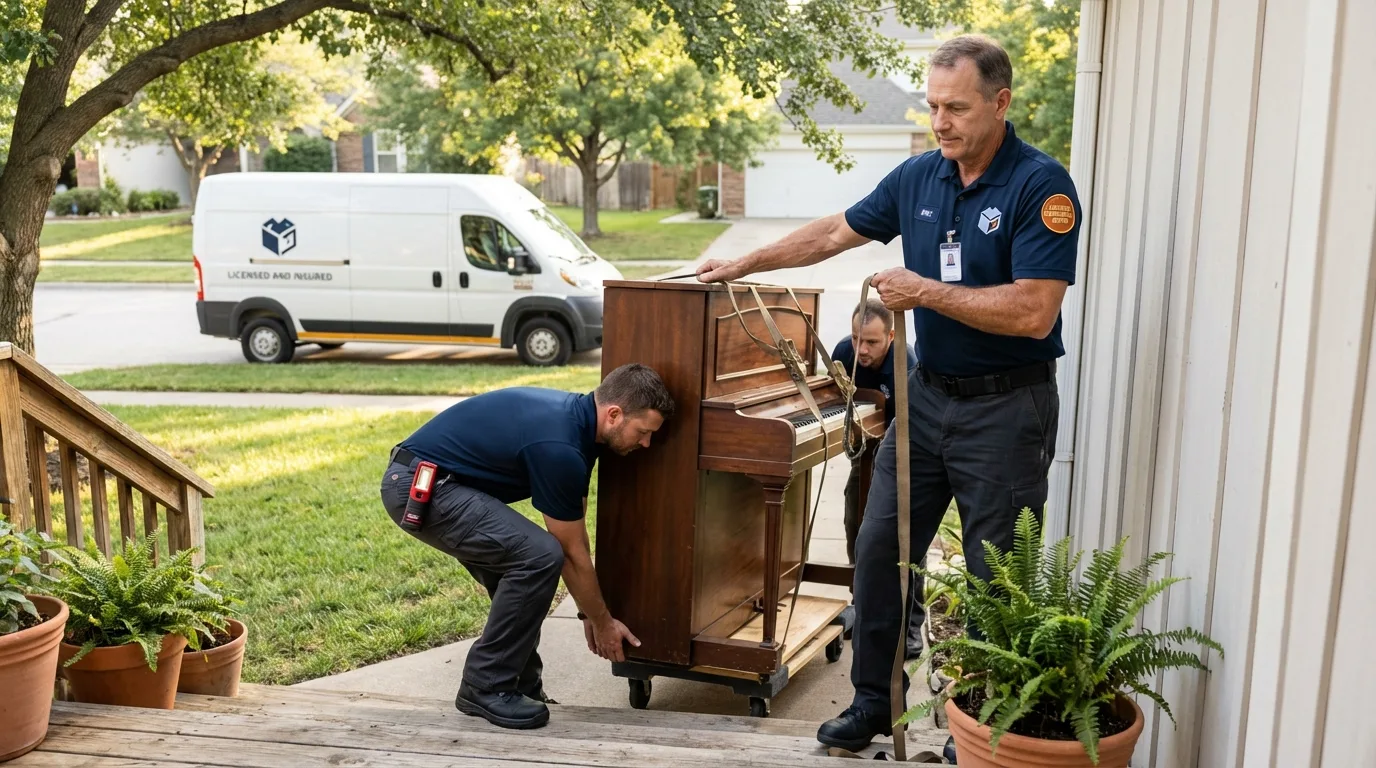 Licensed piano movers securing grand piano in Glasgow, MT