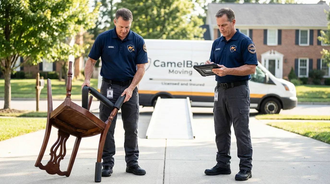 Movers inspecting furniture for damage prevention before loading in Glasgow, MT