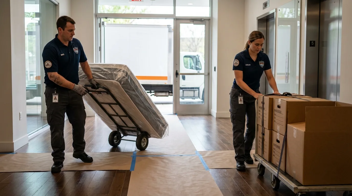 Professional apartment movers loading elevator in Glasgow, MT